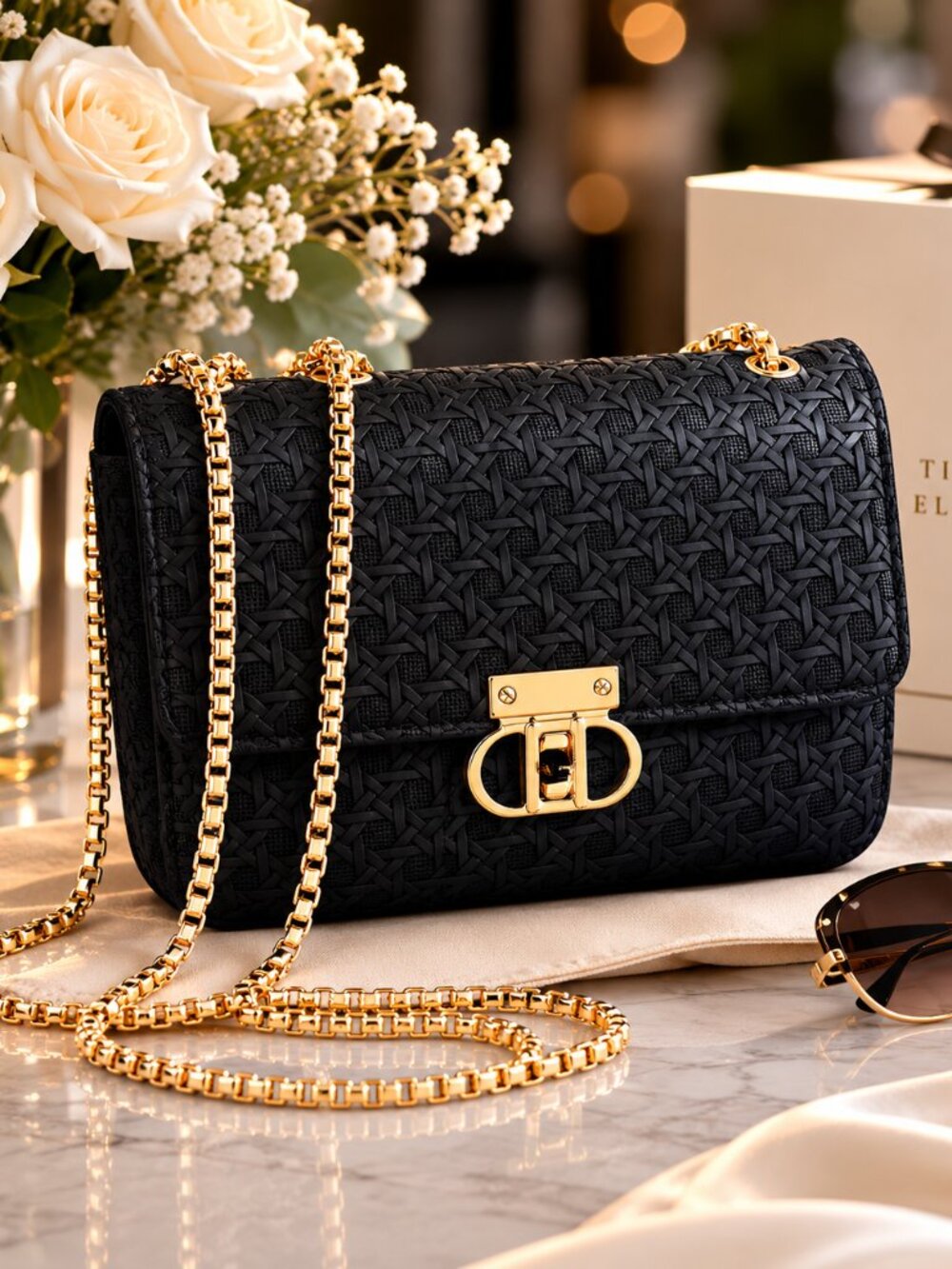 Black Woven Chain Shoulder Bag Gold Hardware Faux Leather Crossbody Purse